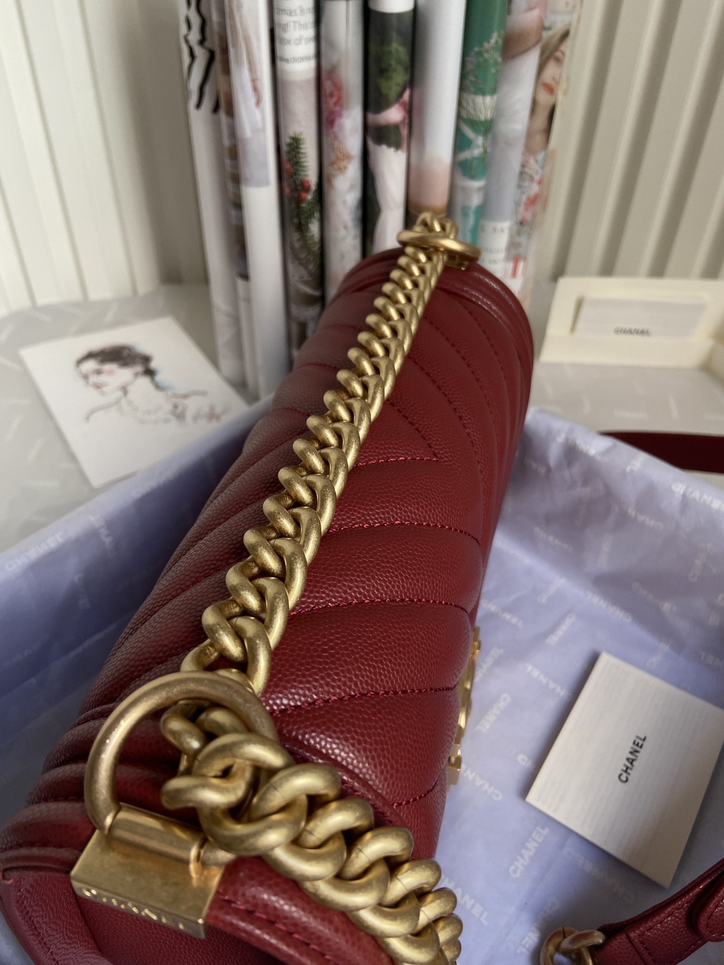 BOY Ch**el HANDBAG Shiny Grained Calfskin & Gold-Tone Metal red 5.9 × 9.8 × 3.5 in