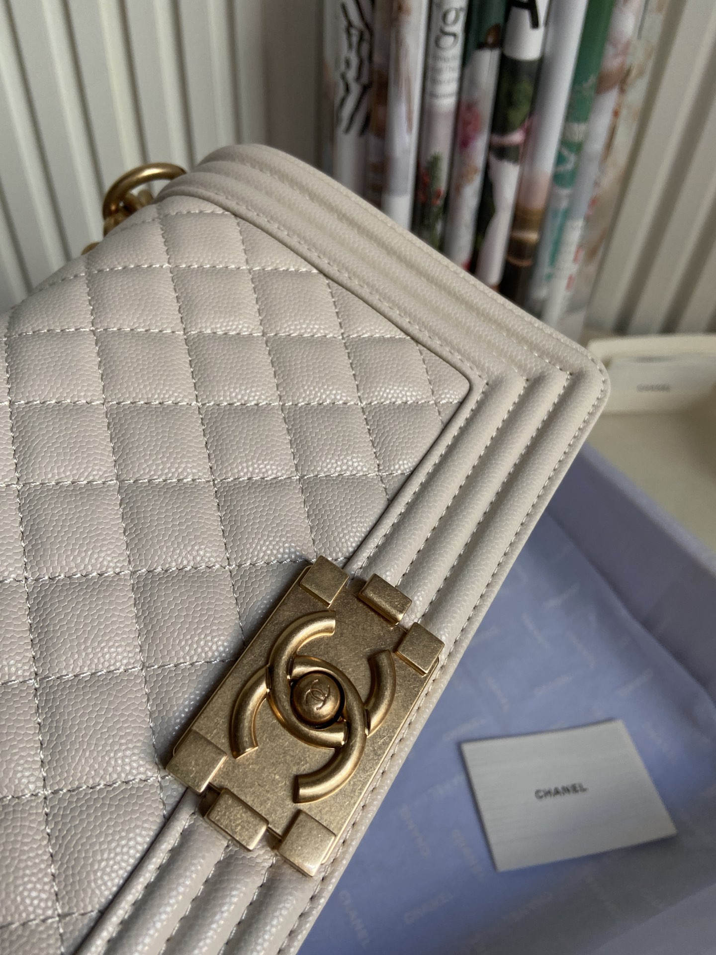BOY Ch**el HANDBAG Shiny Grained Calfskin & Gold-Tone Metal Beige 5.9 × 9.8 × 3.5 in