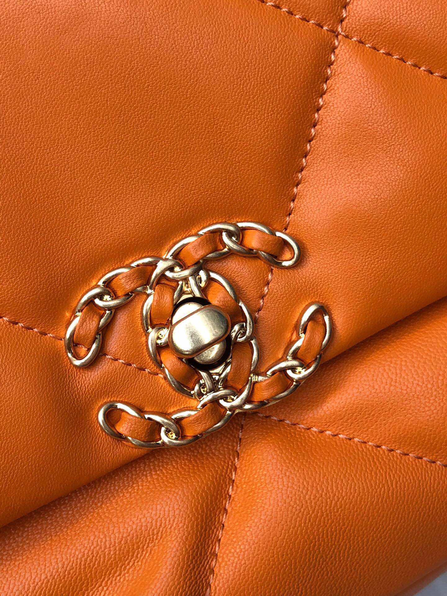 Ch**el 19 HANDBAG Shiny Leather, Gold-Tone, Silver-Tone & Ruthenium-Finish Metal Orange 6.2 × 10.1 × 3.5 in