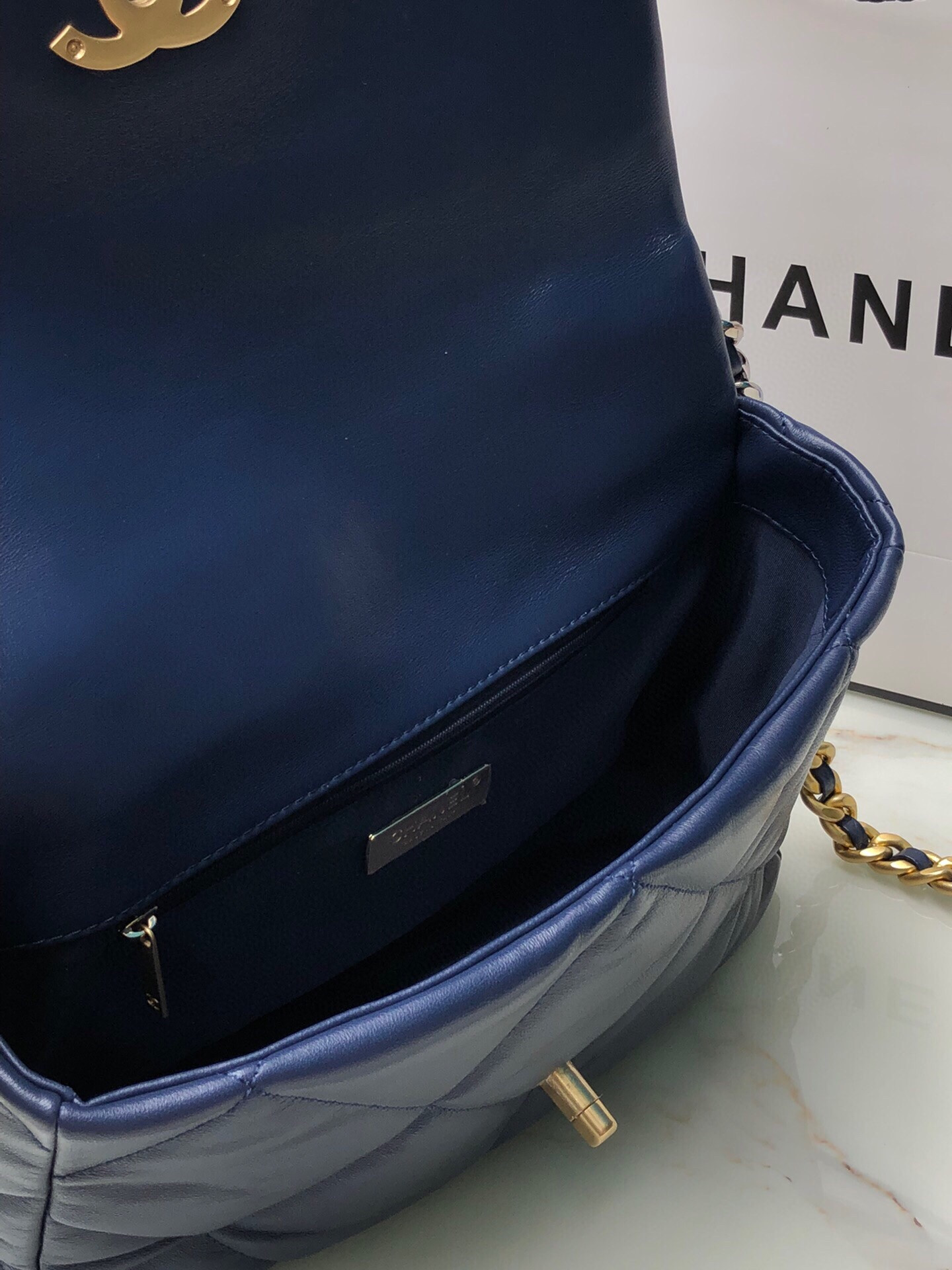 Ch**el 19 LARGE HANDBAG Shiny Leather, Gold-Tone, Silver-Tone & Ruthenium-Finish Metal Navy 7.8 × 11.7 × 3.9 in