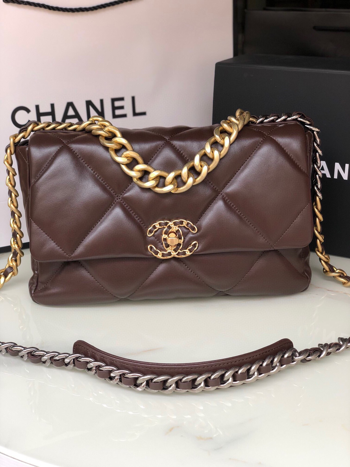 Ch**el 19 LARGE HANDBAG Shiny Leather, Gold-Tone, Silver-Tone & Ruthenium-Finish Metal Brown 7.8 × 11.7 × 3.9 in