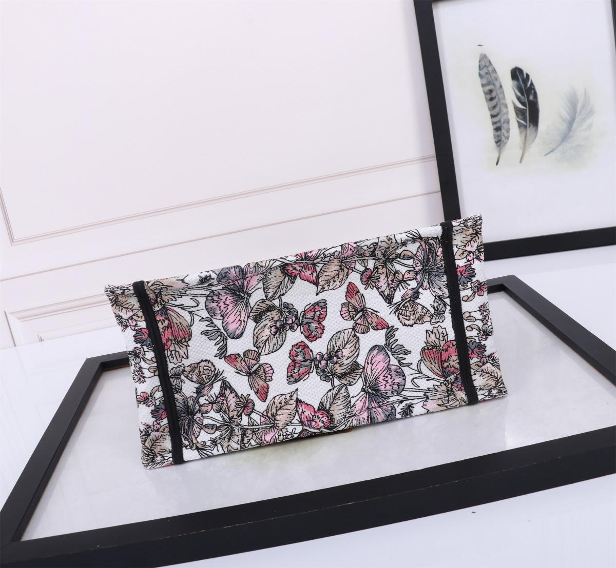 Small D10r BOOK TOTE WHITE AND PASTEL PINK BUTTERFLY AROUND THE WORLD EMBROIDERY  10.5 x 8.5 x 5.5 inches