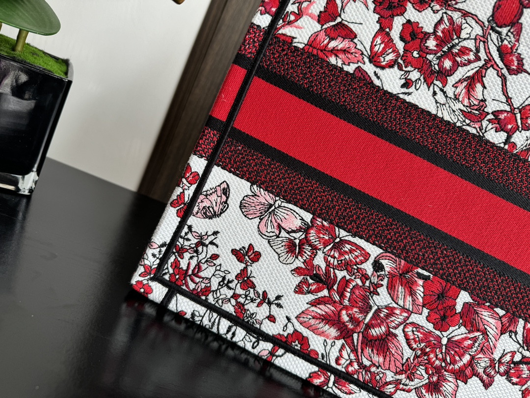 Medium D10r Book Tote  White and Red Le Cœur des Papillons Embroidery 14 x 11 x 6.5 inches