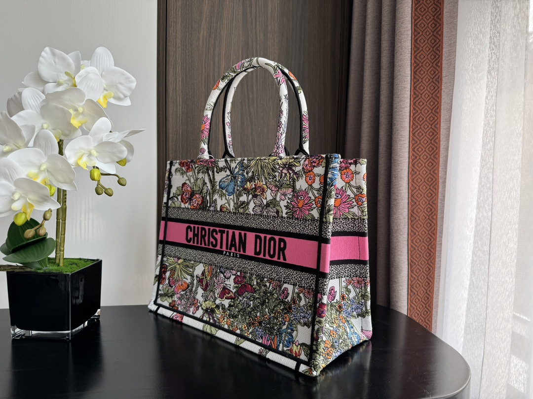 Medium D10r Book Tote  White Multicolor Mexico Millefiori Embroidery 14 x 11 x 6.5 inches