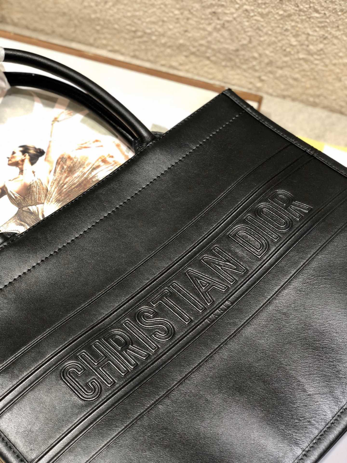Calfskin Embossed Medium D10r Book Tote Black 14 x 11 x 6.5 inches