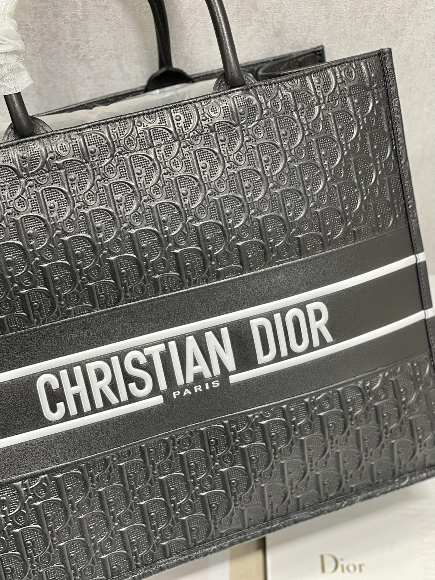 Large D10r Book Tote Black White D10r Oblique Embossed Calfskin 16.5 x 14 x 7.5 inches