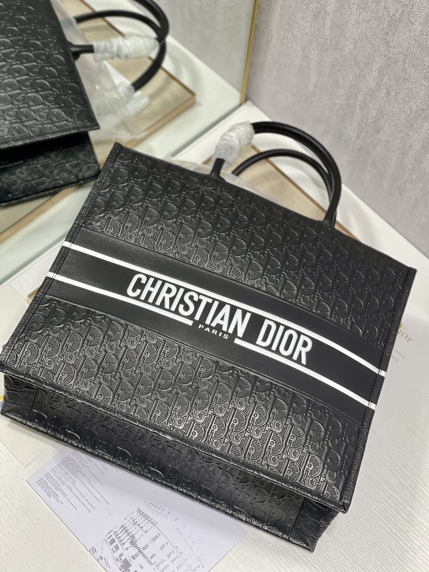 Large D10r Book Tote Black White D10r Oblique Embossed Calfskin 16.5 x 14 x 7.5 inches