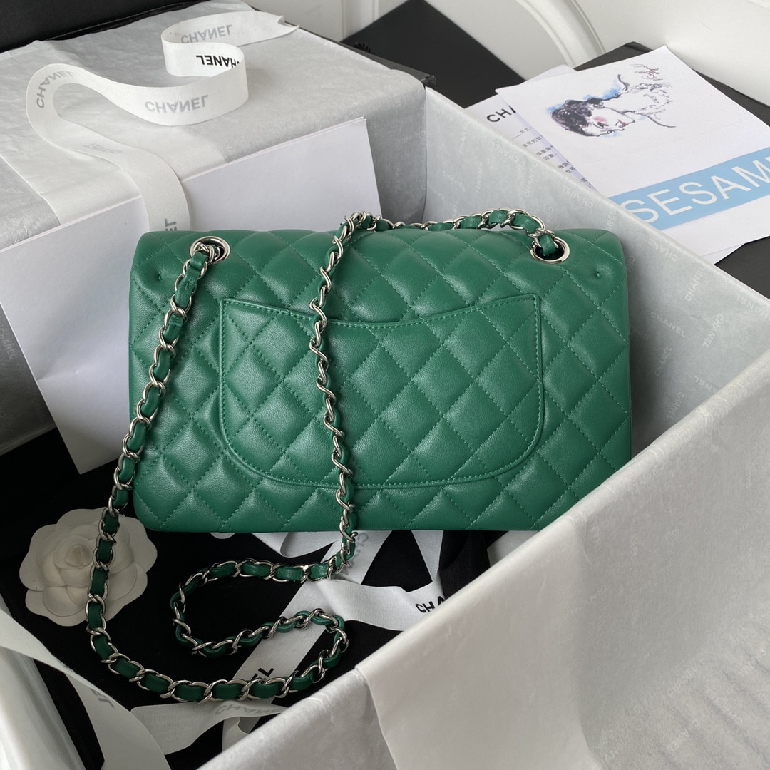 Ch**el CLASSIC HANDBAG GRAINED SHINY CALFSKIN & SILVER-TONE METAL GREEN 6 × 9.9 × 2.5 in