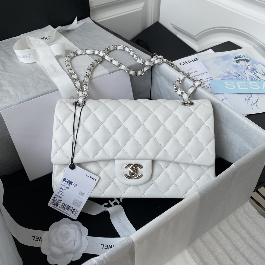 Ch**el CLASSIC HANDBAG LAMBSKIN & SILVER-TONE METAL WHITE 15.5x25.5x6.5cm