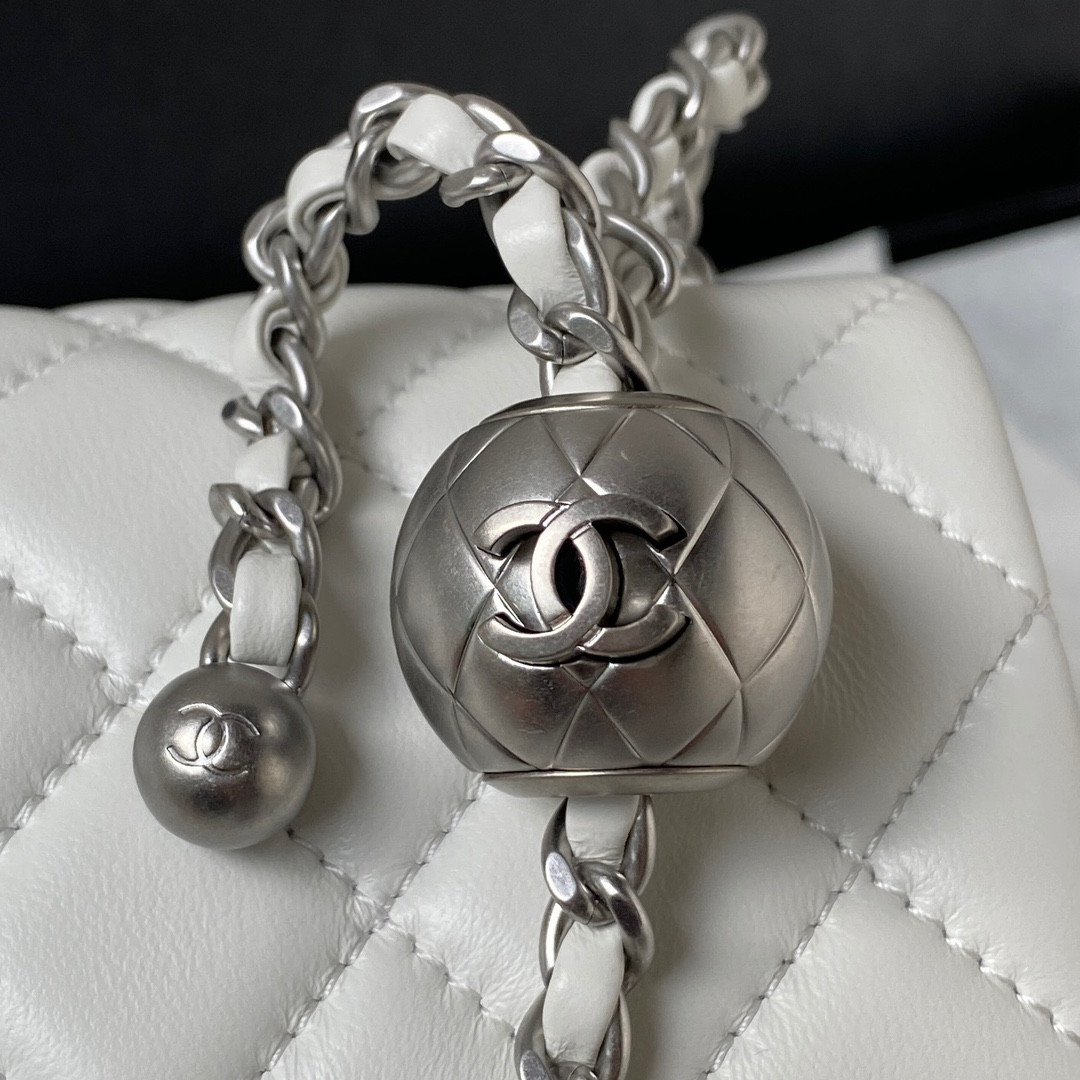 Ch**el MINI FLAP BAG SHINY CALFSKIN & SILVER-TONE METAL WHITE 4.7 × 7.8 × 2.3 in