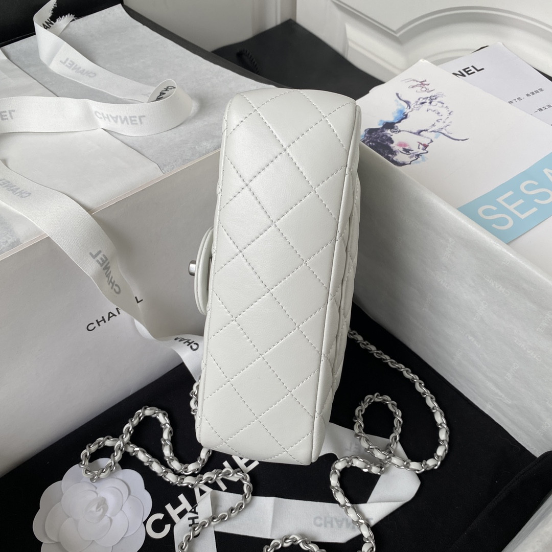 Ch**el MINI FLAP BAG SHINY CALFSKIN & SILVER-TONE METAL WHITE 4.7 × 7.8 × 2.3 in