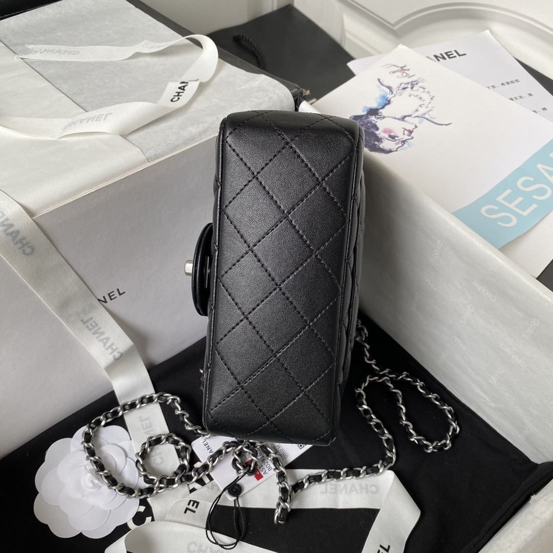Ch**el MINI FLAP BAG SHINY CALFSKIN & SILVER-Tone METAL BLACK 5.3 × 6.6 × 3.1 in
