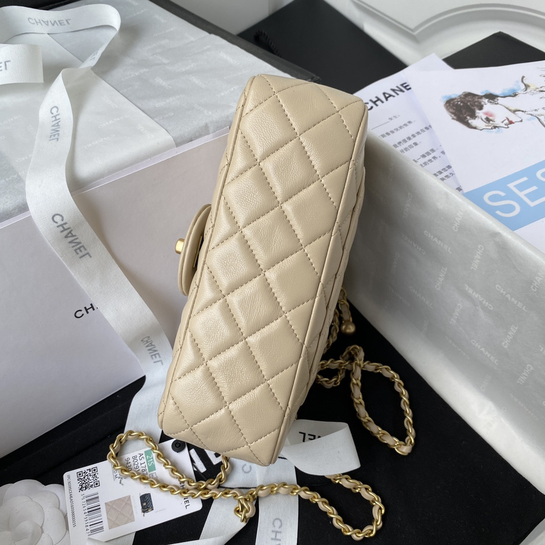 Ch**el MINI FLAP BAG SHINY CALFSKIN & gold-TONE METAL LIGHT beige 4.7 × 7.8 × 2.3 in