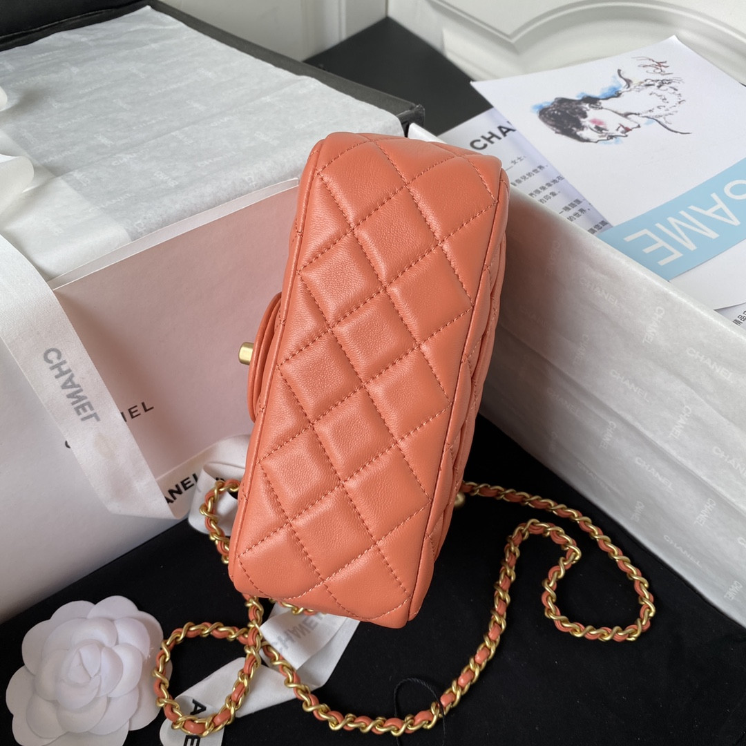 Ch**el MINI FLAP BAG SHINY CALFSKIN & Gold-Tone METAL ORANGE 5.3 × 6.6 × 3.1 in