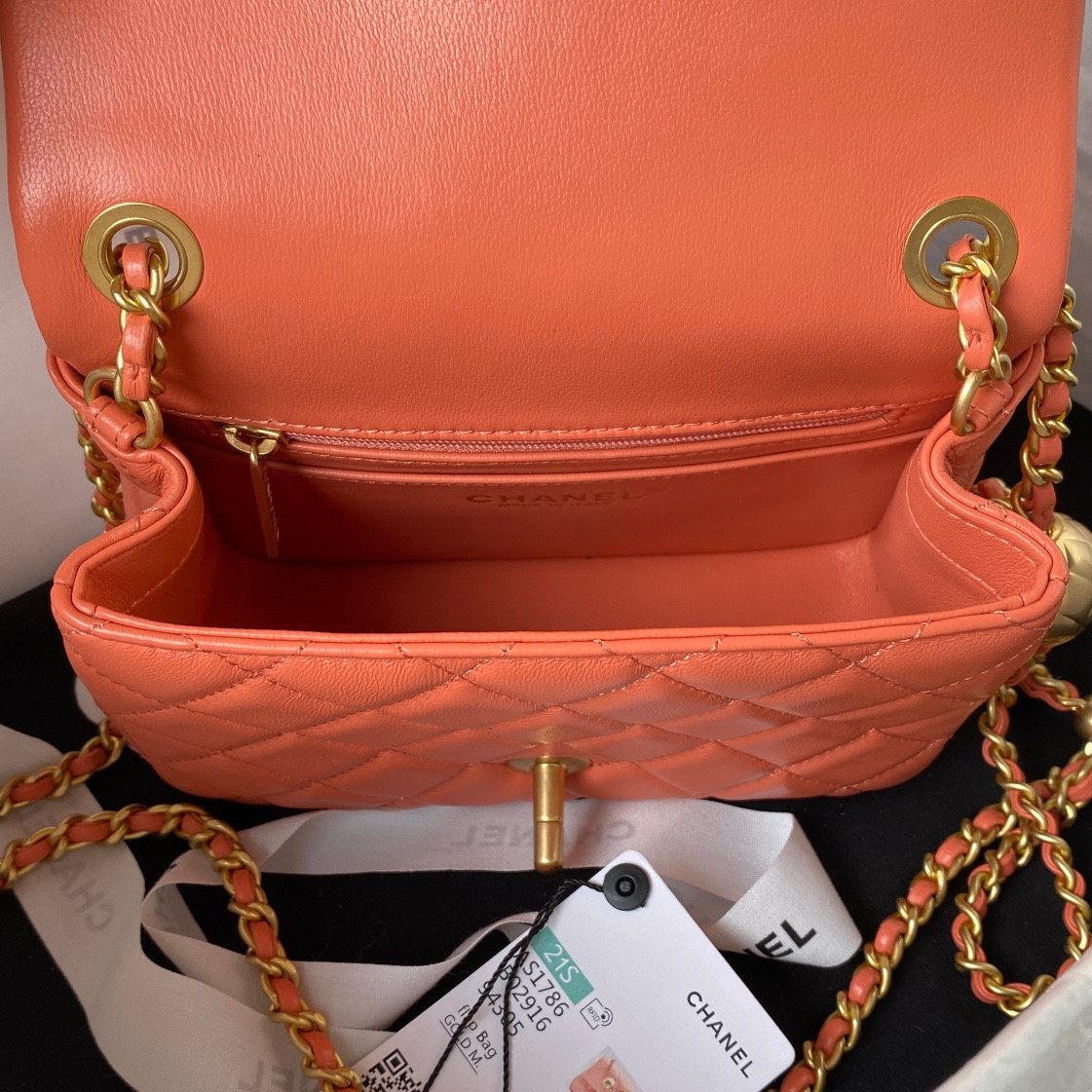 Ch**el MINI FLAP BAG SHINY CALFSKIN & Gold-Tone METAL ORANGE 5.3 × 6.6 × 3.1 in