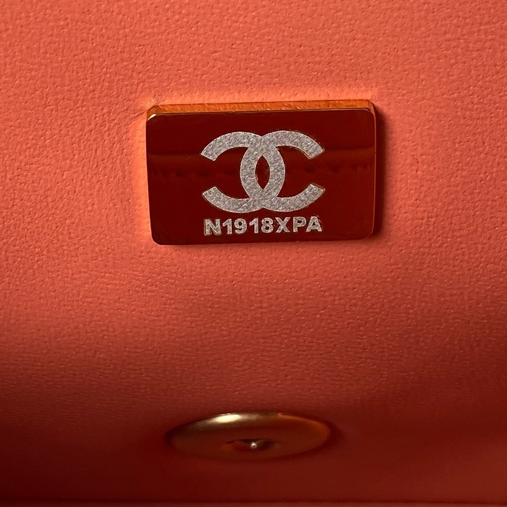 Ch**el MINI FLAP BAG SHINY CALFSKIN & Gold-Tone METAL ORANGE 5.3 × 6.6 × 3.1 in