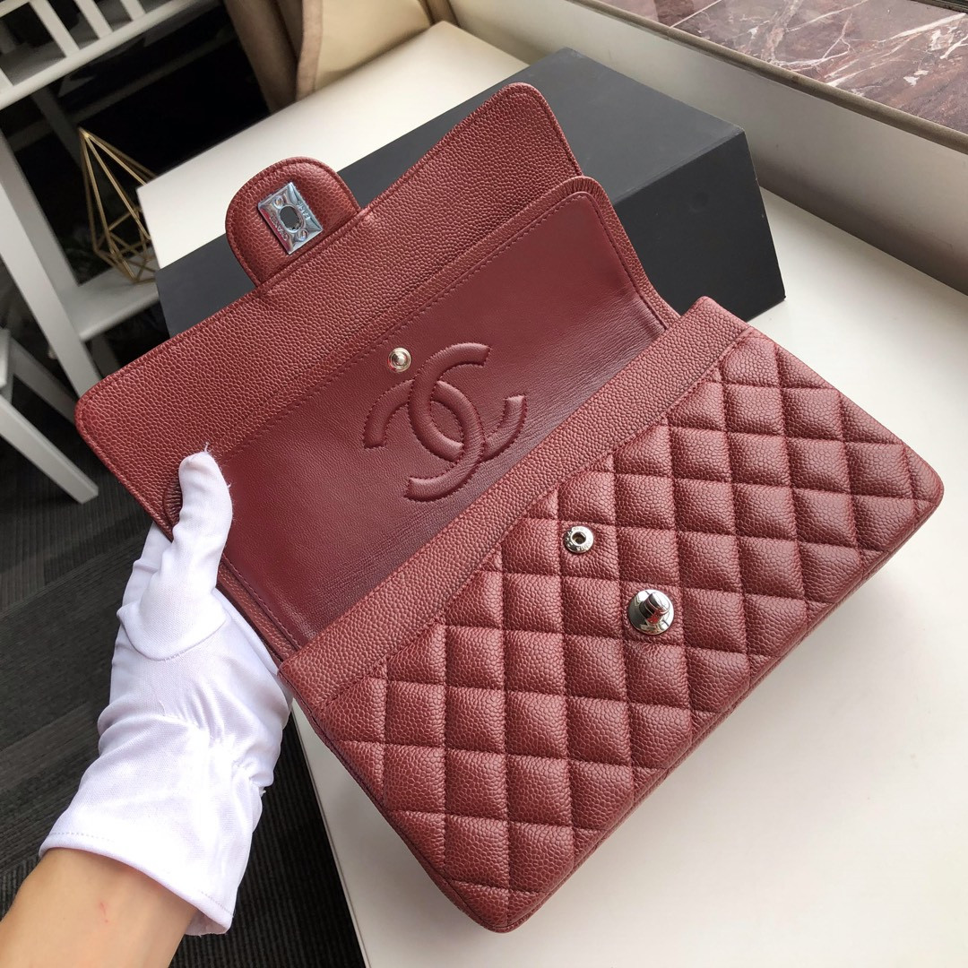 Ch**el CLASSIC HANDBAG GRAINED CALFSKIN & SILVER-TONE METAL red 6 × 9.9 × 2.5 in