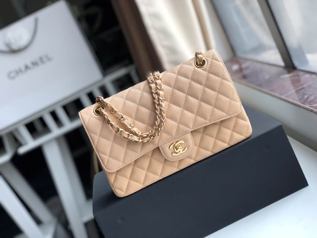Ch**el CLASSIC HANDBAG GRAINED CALFSKIN & Gold-TONE METAL COFFEE 6 × 9.9 × 2.5 in