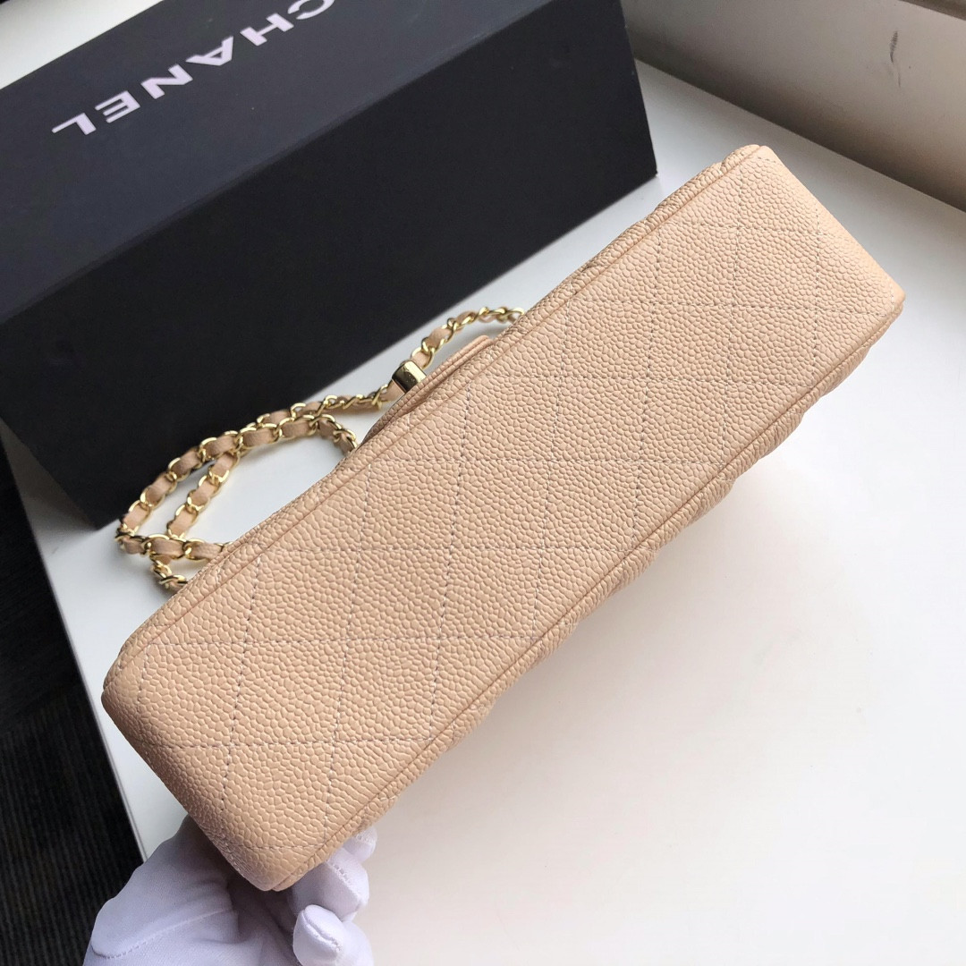 Ch**el CLASSIC HANDBAG GRAINED CALFSKIN & Gold-TONE METAL COFFEE 6 × 9.9 × 2.5 in