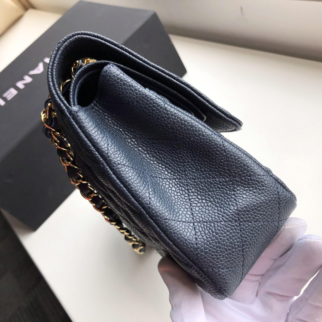 Ch**el CLASSIC HANDBAG GRAINED CALFSKIN & GOLD-TONE METAL NAVY 6 × 9.9 × 2.5 in
