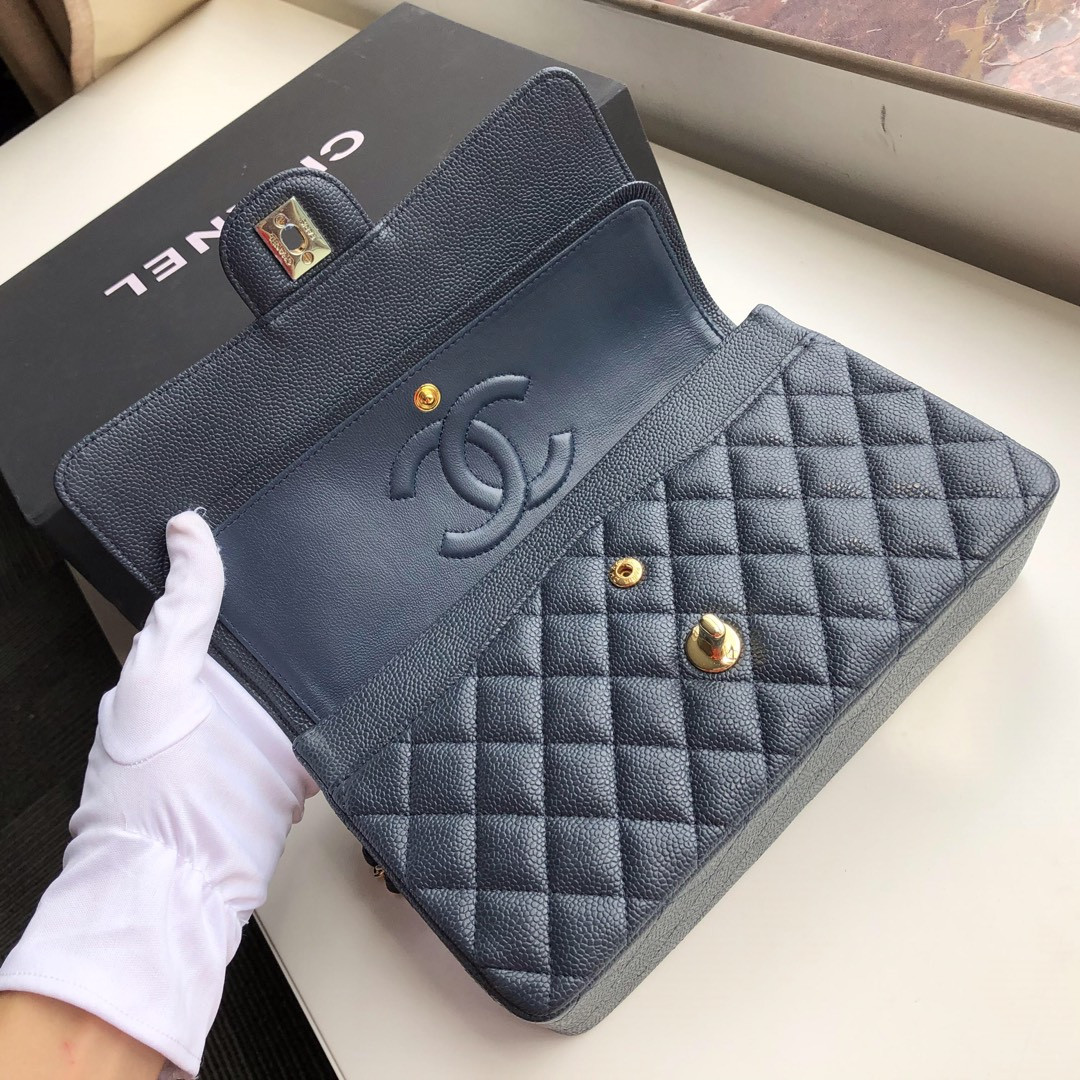 Ch**el CLASSIC HANDBAG GRAINED CALFSKIN & GOLD-TONE METAL NAVY 6 × 9.9 × 2.5 in