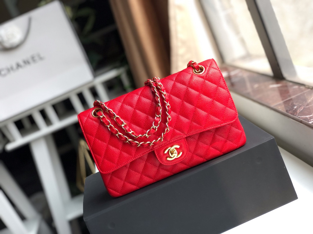 Ch**el CLASSIC HANDBAG GRAINED CALFSKIN & gold-TONE METAL SHINY red 6 × 9.9 × 2.5 in