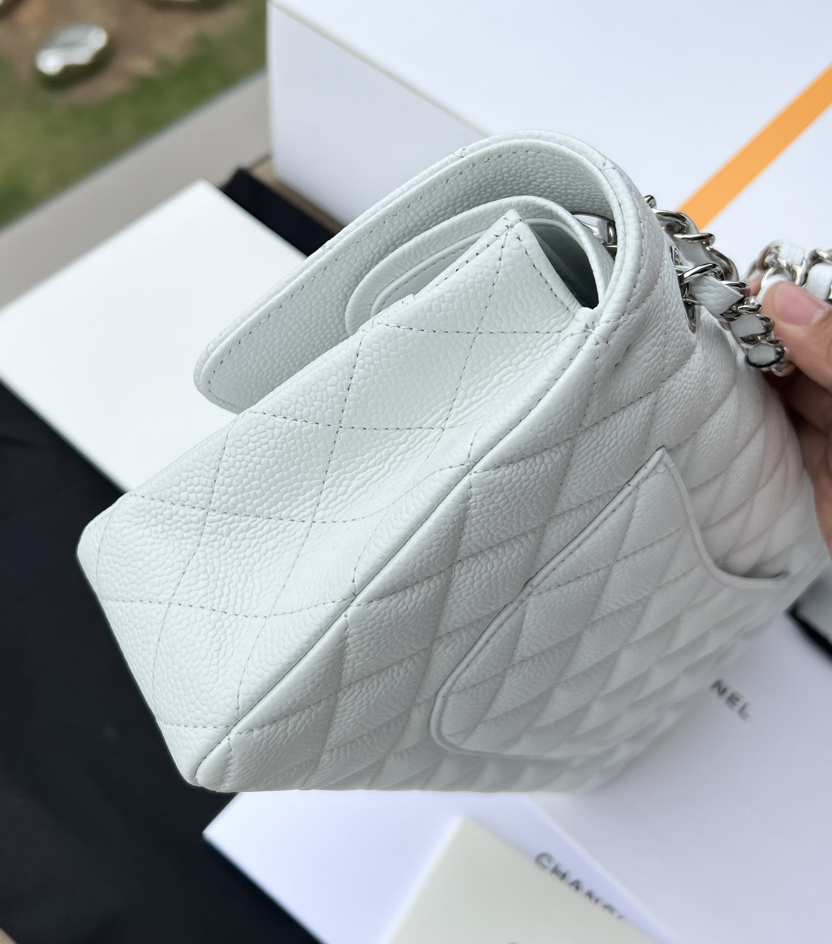 Ch**el CLASSIC HANDBAG GRAINED CALFSKIN & SILVER-TONE METAL WHITE 6 × 9.9 × 2.5 in