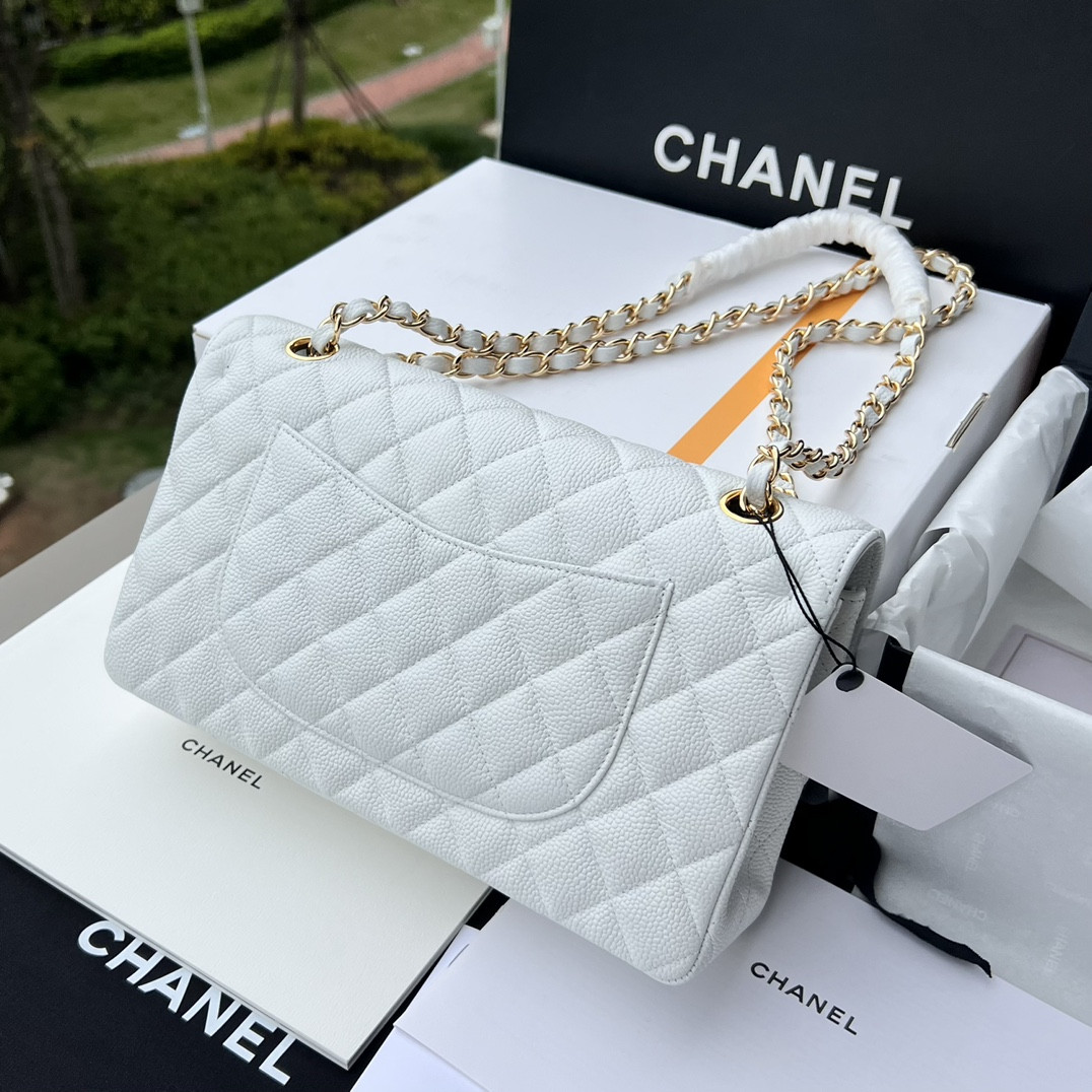 Ch**el CLASSIC HANDBAG GRAINED CALFSKIN & GOLD-TONE METAL WHITE 6 × 9.9 × 2.5 in