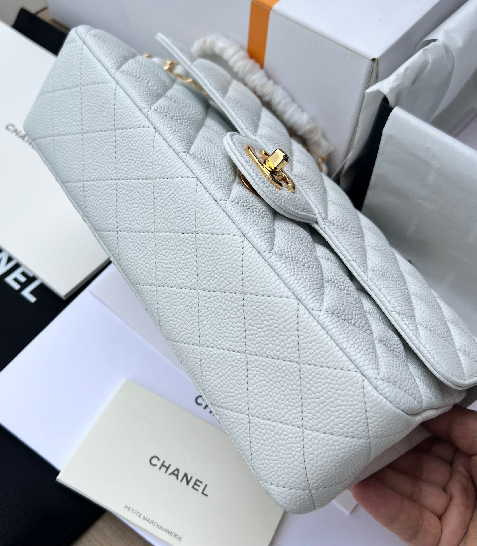 Ch**el CLASSIC HANDBAG GRAINED CALFSKIN & GOLD-TONE METAL WHITE 6 × 9.9 × 2.5 in