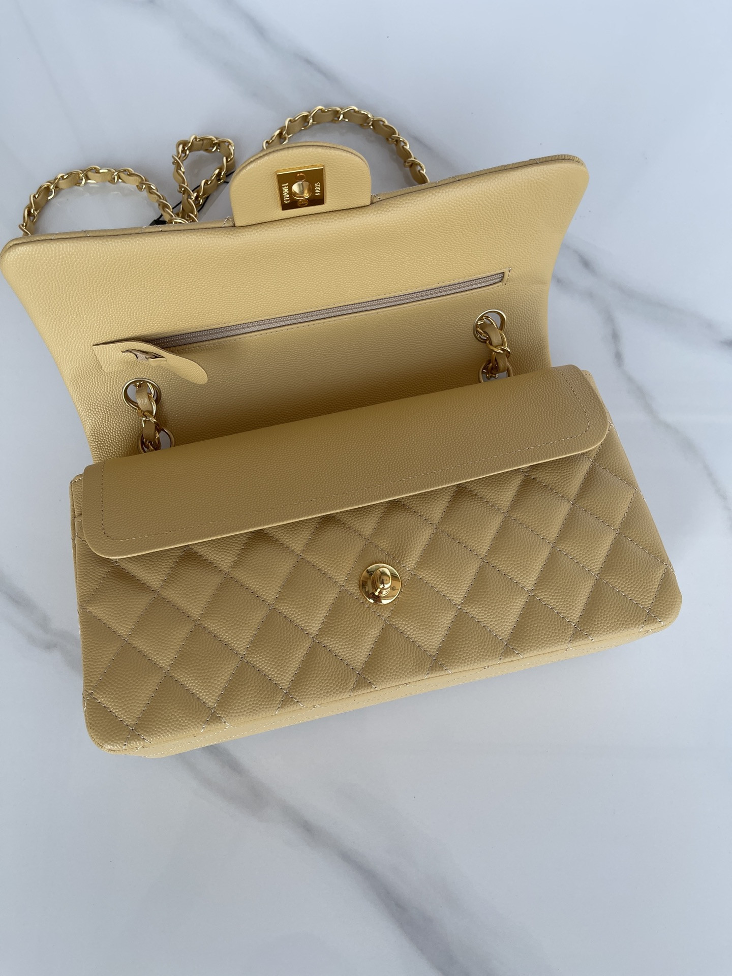 Ch**el CLASSIC HANDBAG GRAINED CALFSKIN & GOLD-TONE METAL YELLOW 6 × 9.9 × 2.5 in