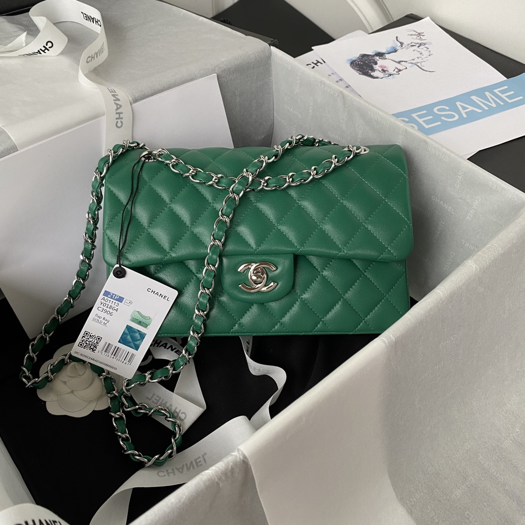 Ch**el SMALL CLASSIC HANDBAG Grained SHINY Calfskin & Silver-Tone Metal Green 5.7 × 9 × 2.3 in
