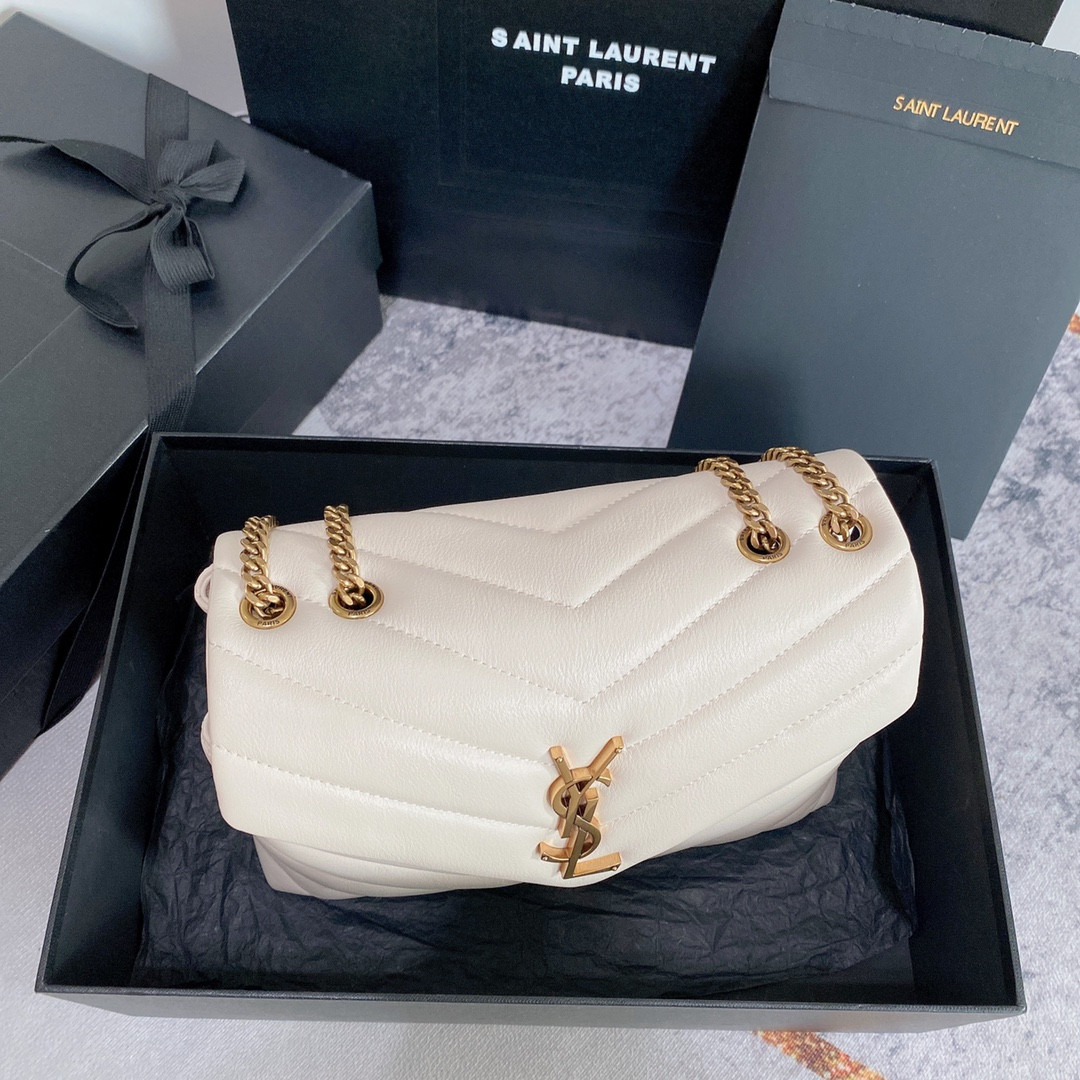 Y51 LOULOU SMALL IN QUILTED LEATHER WHITE GOLD 9 X 6.1 X 3.3 INCHES