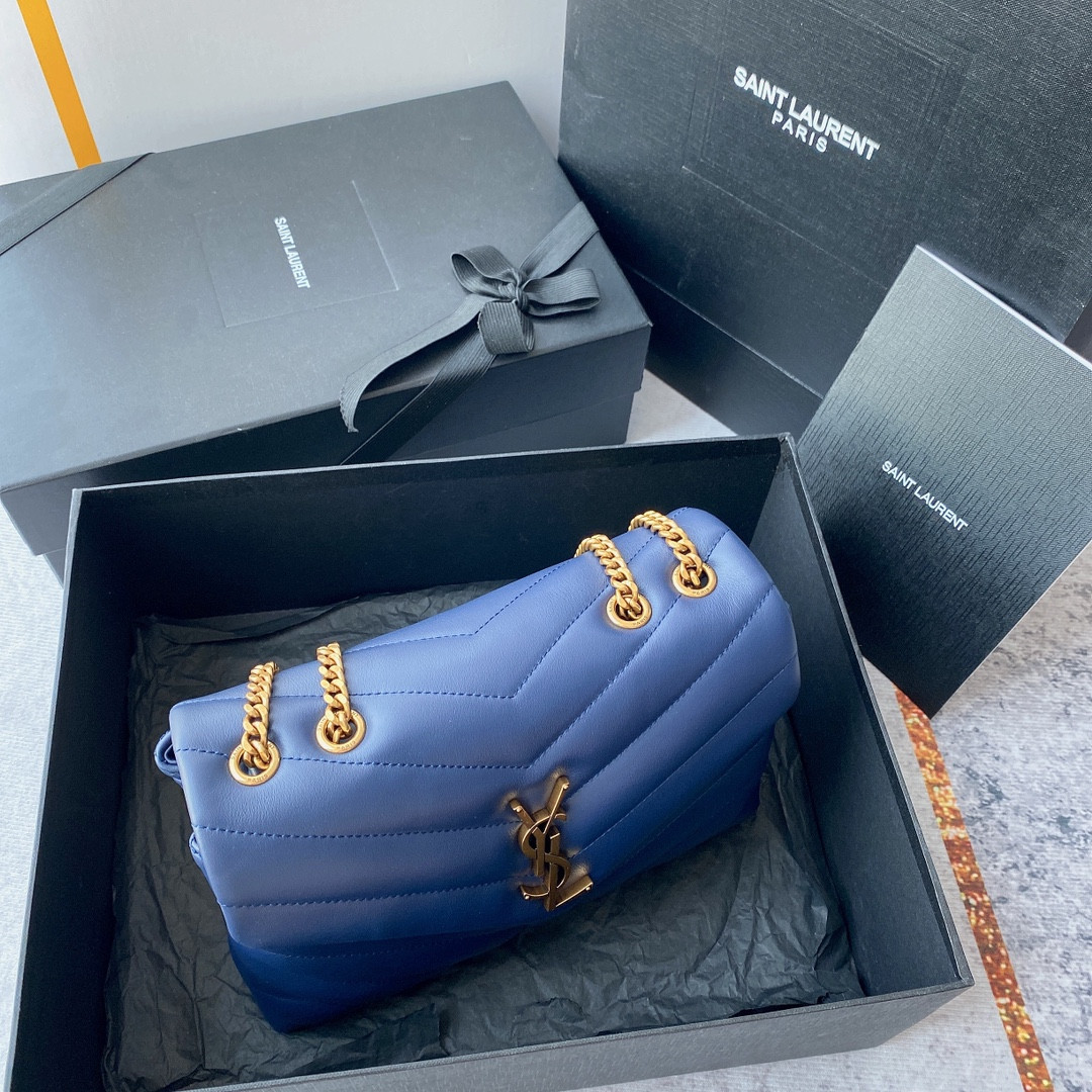 Y51 LOULOU SMALL IN QUILTED LEATHER BLUE GOLD 9 X 6.1 X 3.3 INCHES
