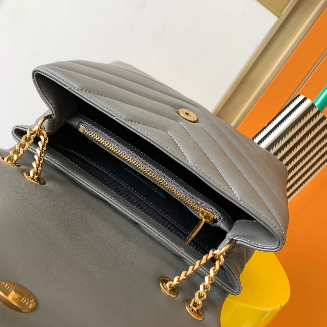 Y51 LOULOU SMALL IN QUILTED LEATHER GRAY GOLD 9 X 6.1 X 3.3 INCHES