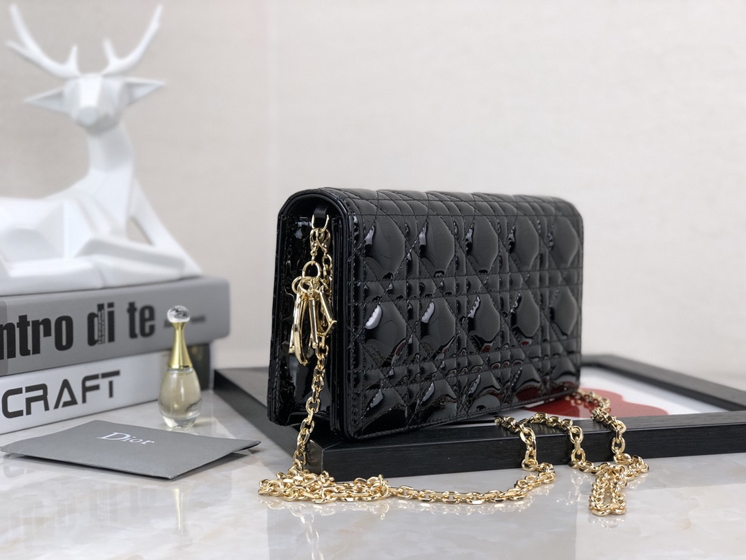 Lady D10r Pouch  Black Patent Cannage Calfskin 8.5 x 4.5 x 1 inches