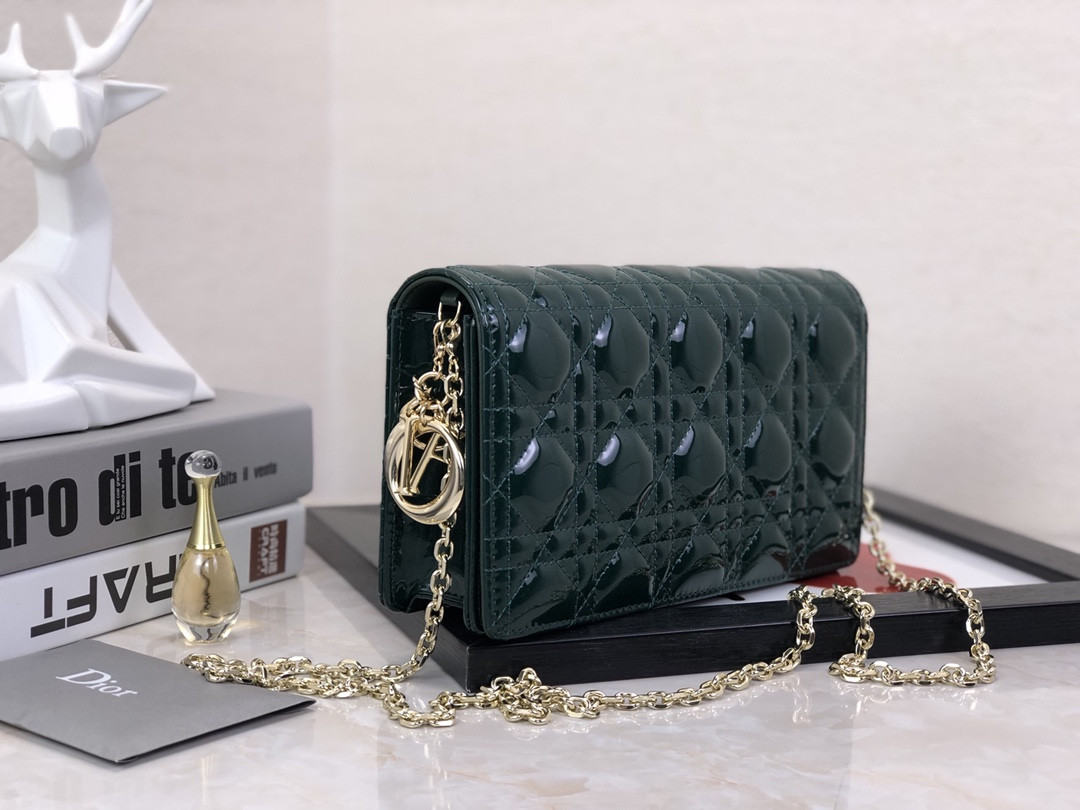 Lady D10r Pouch Dark Green Patent Cannage Calfskin 8.5 x 4.5 x 1 inches
