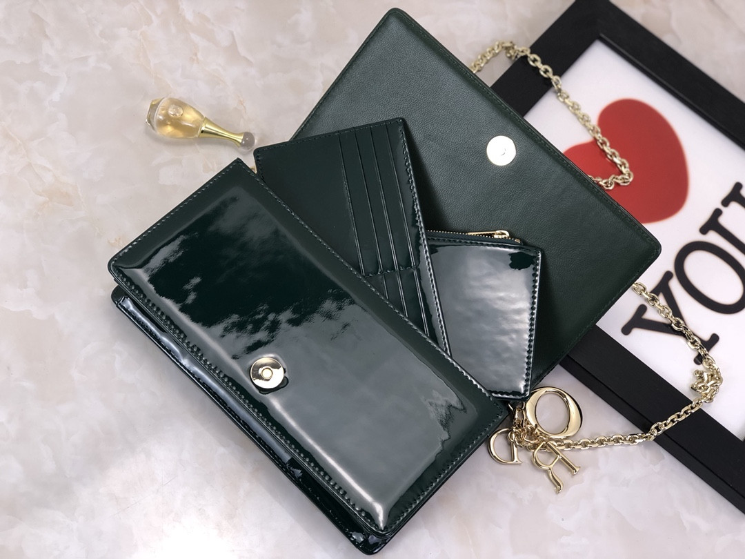 Lady D10r Pouch Dark Green Patent Cannage Calfskin 8.5 x 4.5 x 1 inches