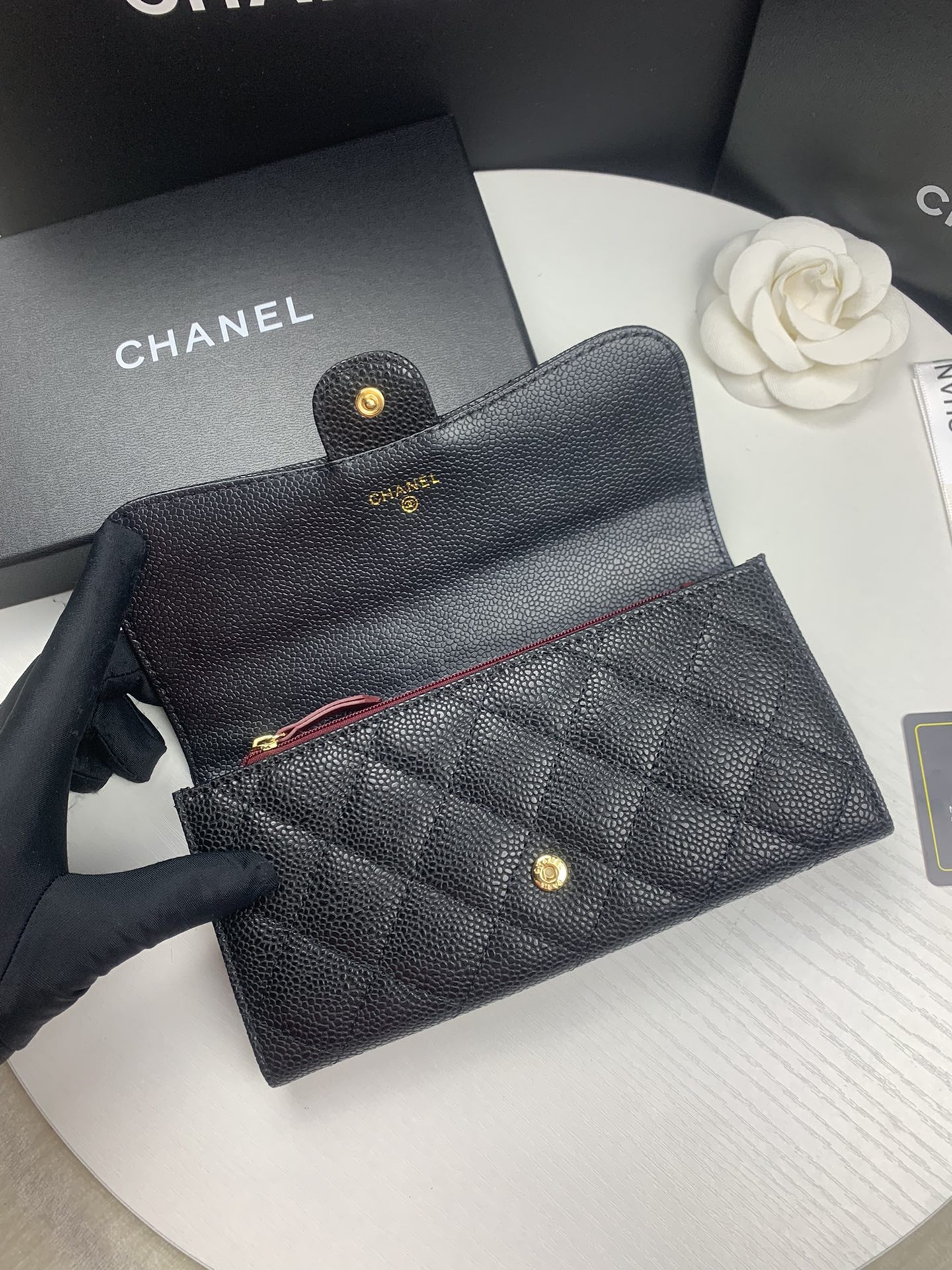 Ch**el FLAP WALLET GRAINED LEATHER BLACK GOLD 19.5 x10 cm