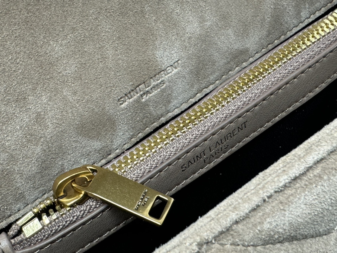 Y51 COLLEGE MEDIUM IN QUILTED SUEDE GRAY 9.4 X 6.6 X 2.5 INCHES