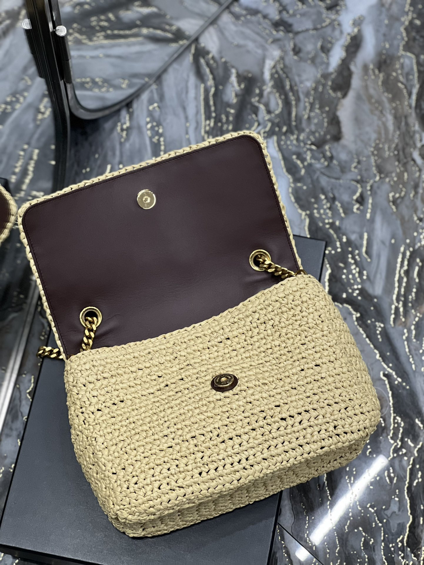 Y51 NIKI MEDIUM CHAIN BAG IN RAFFIA AND LEATHER BEIGE 11 X 7.8 X 3.3 INCHES