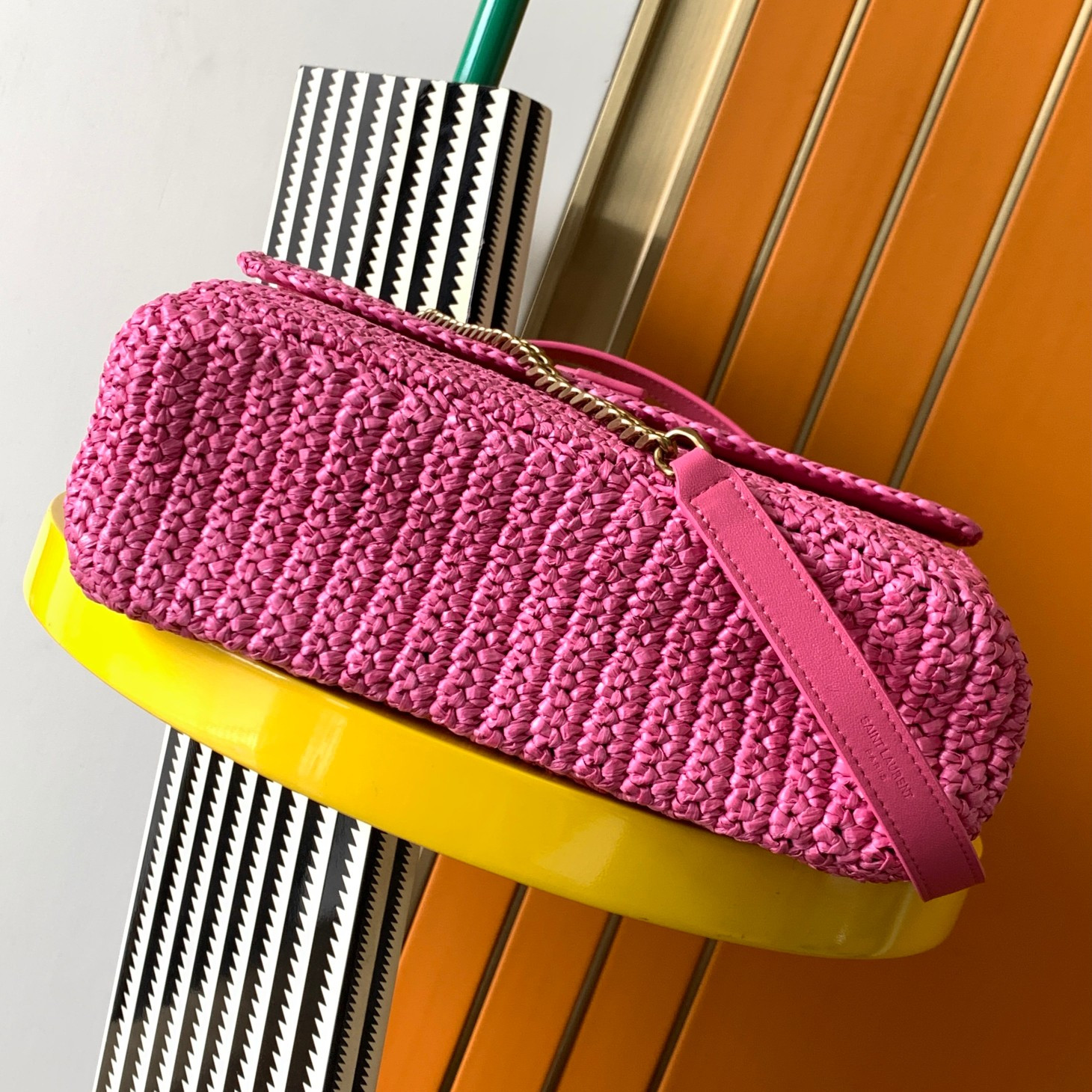Y51 NIKI MEDIUM CHAIN BAG IN RAFFIA AND LEATHER 11 X 7.8 X 3.3 INCHES