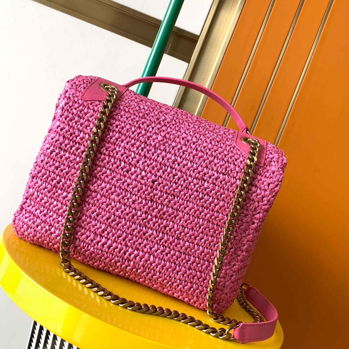 Y51 NIKI MEDIUM CHAIN BAG IN RAFFIA AND LEATHER 11 X 7.8 X 3.3 INCHES