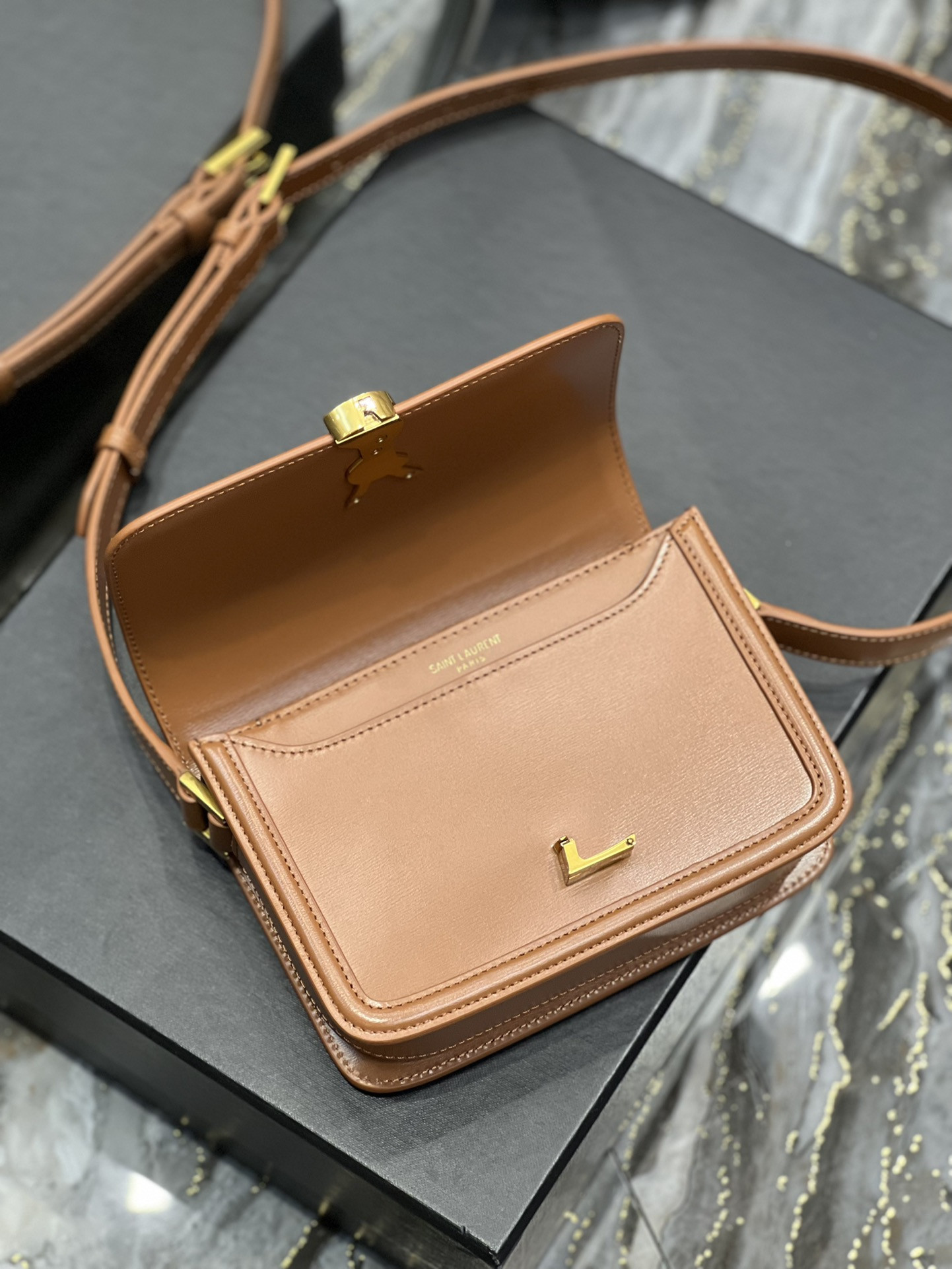 Y51 SOLFERINO SMALL SATCHEL IN BOX Sa1nt Lau*nt BRWON 7.4 X 5.1 X 1.9 INCHES
