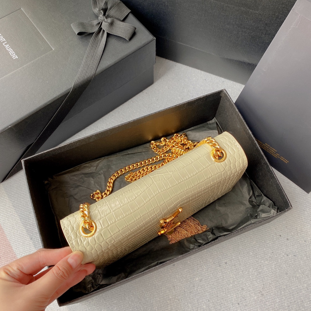 Y51 KATE MEDIUM TASSEL IN CROCODILE-EMBOSSED LEATHER WHITE 9.4 X 5.7 X 2.1 INCHES
