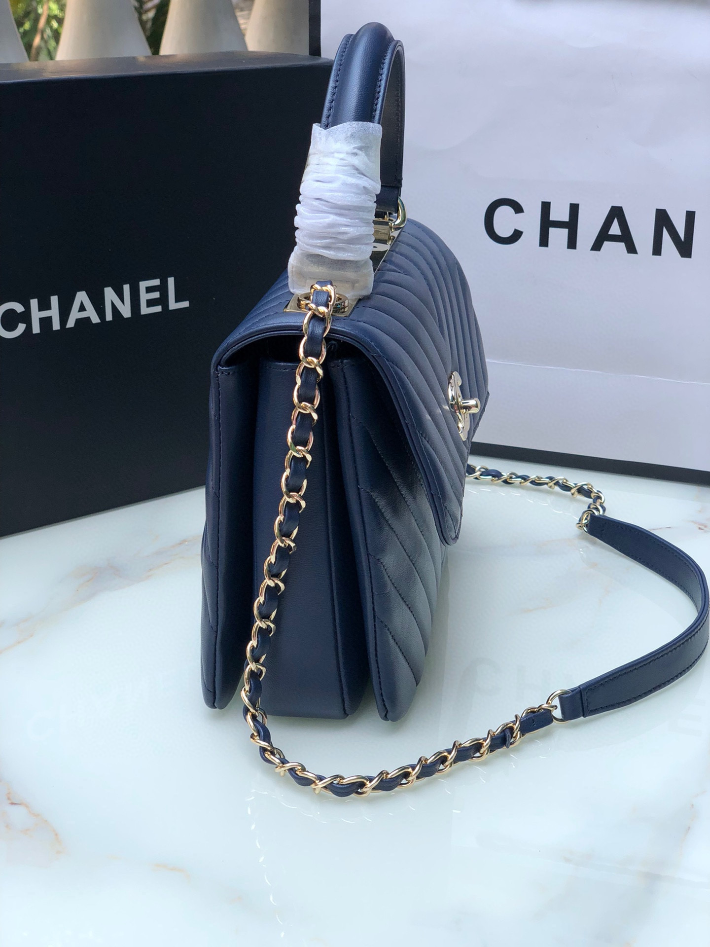 Ch**el FLAP BAG WITH TOP HANDLE NAVY 6.6 × 9.8 × 4.7 in