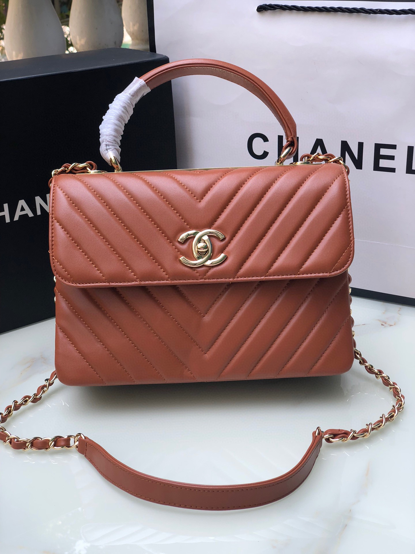 Ch**el FLAP BAG WITH TOP HANDLE ORANGE 6.6 × 9.8 × 4.7 in