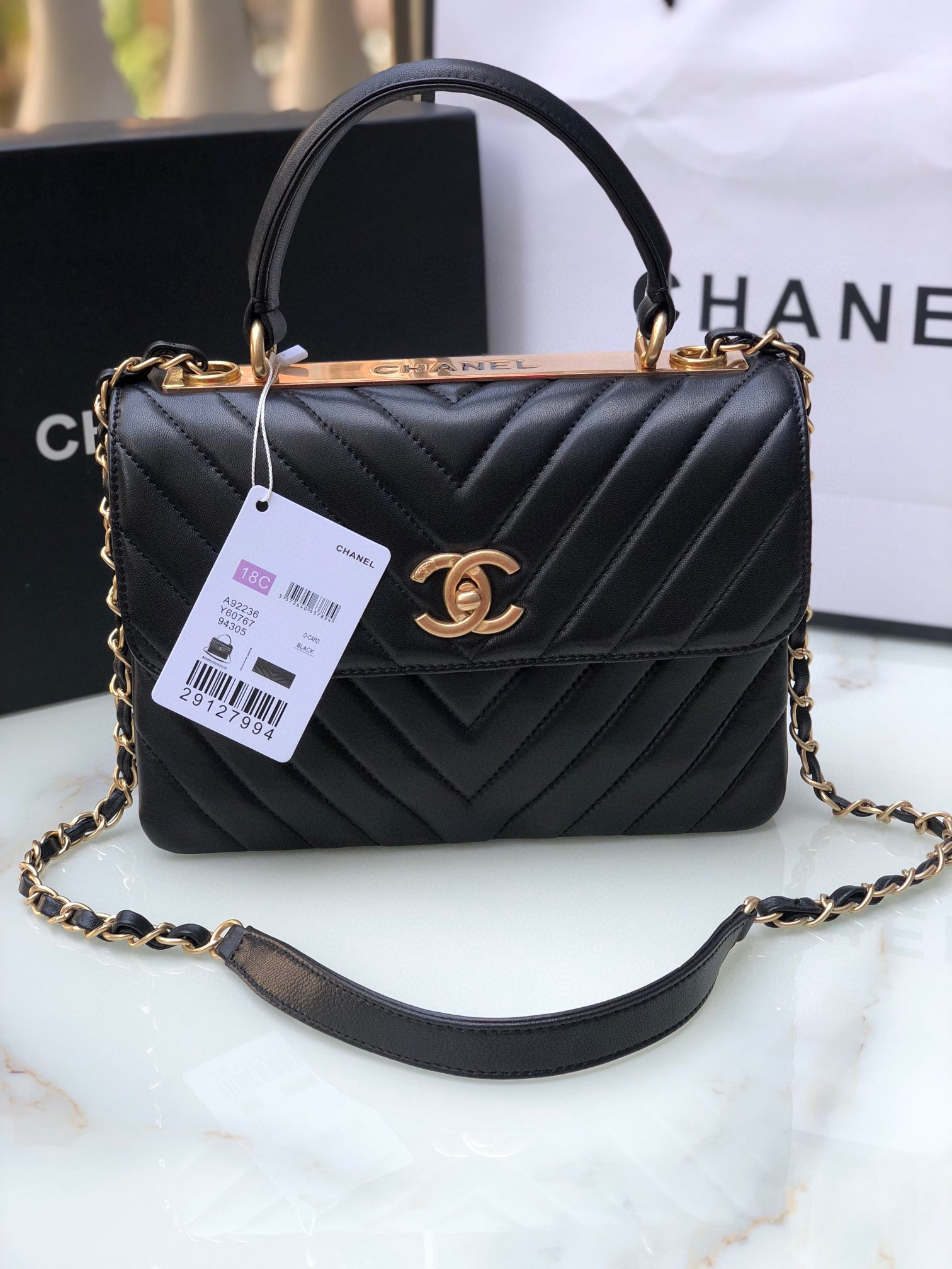 Ch**el FLAP BAG WITH TOP HANDLE 6.6 × 9.8 × 4.7 in
