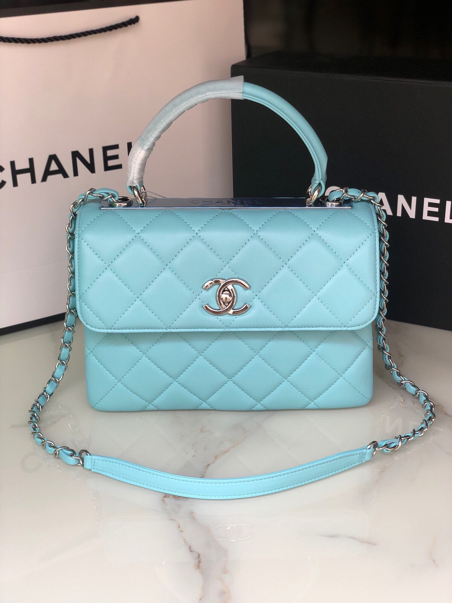 Ch**el FLAP BAG WITH TOP HANDLE 6.6 × 9.8 × 4.7 in