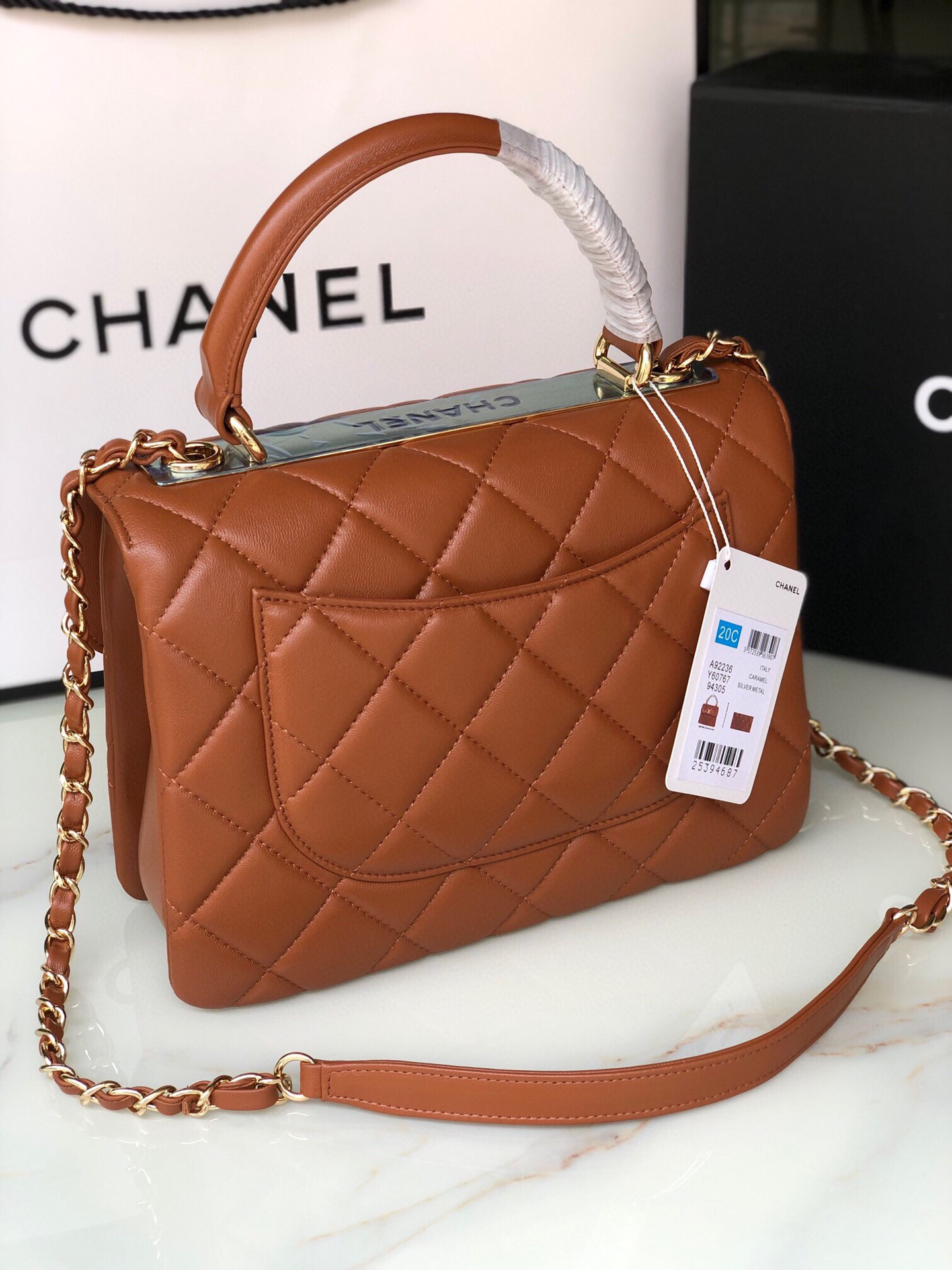 Ch**el FLAP BAG WITH TOP HANDLE 6.6 × 9.8 × 4.7 in