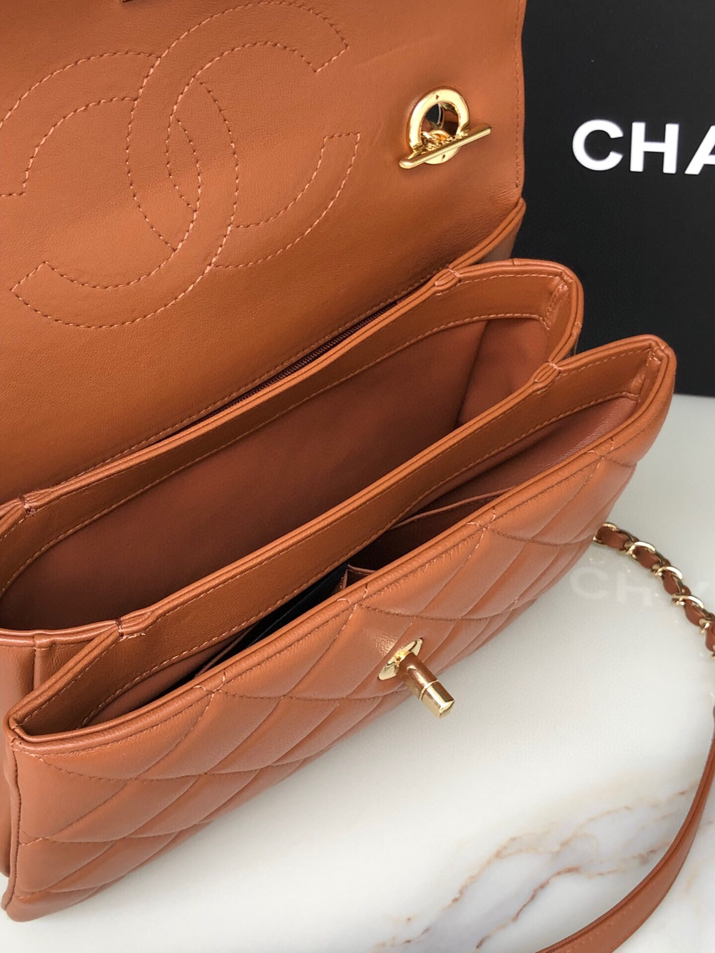 Ch**el FLAP BAG WITH TOP HANDLE 6.6 × 9.8 × 4.7 in